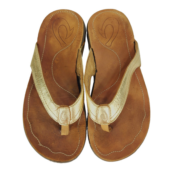 OluKai Womens Flip Flop Sandal sz 5 35 Kumu Gold Brown Leather Rubber Hawaiian - Picture 8 of 10